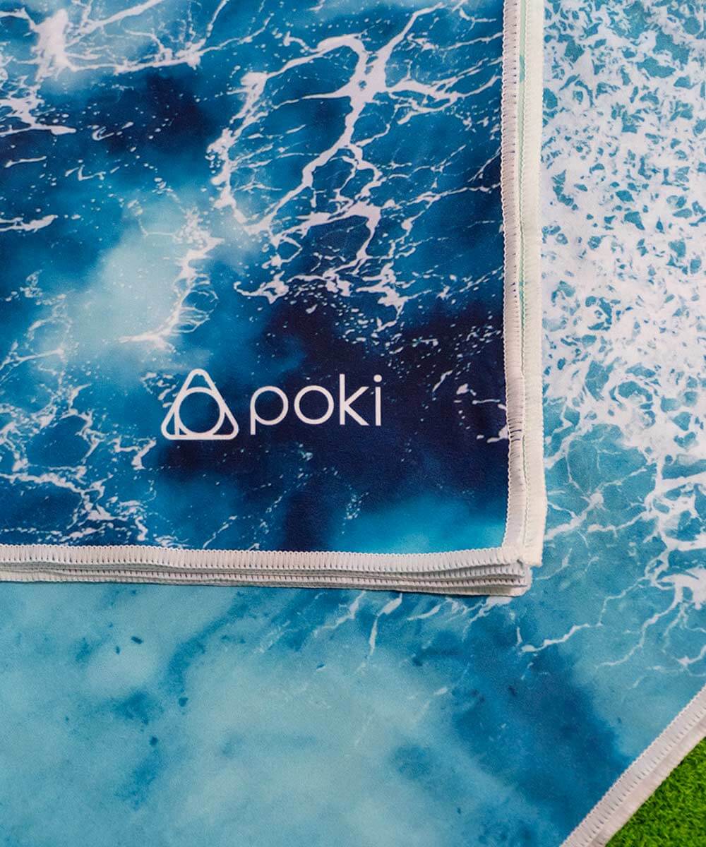 POKI快乾運動毛巾套裝,海浪圖案,輕便設計,適合外出和戶外活動,配有網袋收納